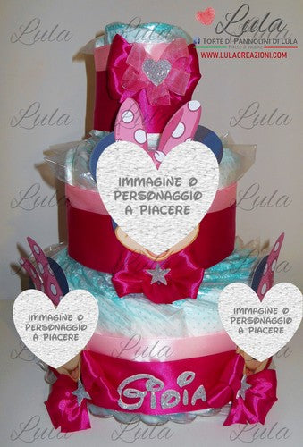 Torta di pannolini CARTOONS a 3 Piani - Torte di Pannolini di Lula Minnie Topolino Pampers personalizzabile fucsia celeste azzurra maschio femmina rosa verde idea regalo gravidanza nascita battesimo baby shower neonato bella utile originale shop online spedizioni italia ancona personalizzabile minnie