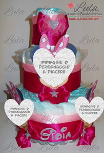 Torta di pannolini CARTOONS a 3 Piani - Torte di Pannolini di Lula Minnie Topolino Pampers personalizzabile fucsia celeste azzurra maschio femmina rosa verde idea regalo gravidanza nascita battesimo baby shower neonato bella utile originale shop online spedizioni italia ancona personalizzabile minnie