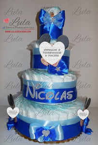 Torta di pannolini CARTOONS a 4 Piani - Torte di Pannolini di Lula Minnie Topolino Pampers personalizzabile fucsia celeste azzurra maschio femmina rosa verde idea regalo gravidanza nascita battesimo baby shower neonato bella utile originale shop online spedizioni italia ancona personalizzabile