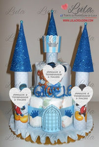 Torta di Pannolini CASTELLO Simple - Lula Creazioni - azzurro blu maschio + bavaglino personalizzato baby Topolino