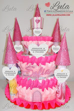 Carica l&#39;immagine nel visualizzatore di Gallery, torte di pannolini pampers lula creazioni idea regalo utile particolare nascita baby shower battesimo castello nome femmina rosa principessa minnie shop online spedizioni italia ancona milano napoli
