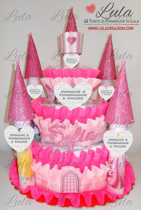 torte di pannolini pampers lula creazioni idea regalo utile particolare nascita baby shower battesimo castello nome femmina rosa principessa minnie shop online spedizioni italia ancona milano napoli