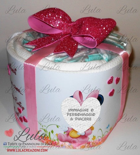 Torta di pannolini PACCO REGALO + Bavaglino personalizzato - Lula Creazioni- fiocco rosa femmina Minnie + bavaglino personalizzato idea regalo gravidanza nascita battesimo baby shower neonato bella utile originale shop online spedizioni italia ancona