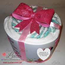 Carica l&#39;immagine nel visualizzatore di Gallery, Torta di pannolini PACCO REGALO Grande + Copertina - Lula Creazioni- fiocco rosa femmina Minnie + coperta idea regalo gravidanza nascita battesimo baby shower neonato bella utile originale shop online spedizioni italia ancona
