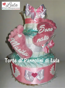 Torte di Pannolini di Lula Creazioni + peluche personalizzati piedini impronte rosa sono nata