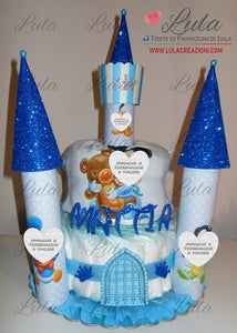 Torta di Pannolini CASTELLO Simple - Lula Creazioni - azzurro blu maschio + bavaglino personalizzato baby Topolino