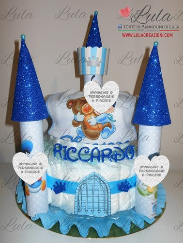 Torta di Pannolini CASTELLO Simple - Lula Creazioni - azzurro blu maschio + bavaglino personalizzato baby Topolino