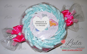 torta di pannolini pampers lula creazioni personalizzata nome bebè idea regalo utile originale particolare economica nascita battesimo baby shower shop online spedizioni italia ancona milano torino caramella rosa femmina bambina paperina