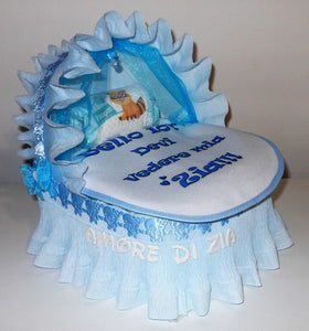 Torta di pannolini CULLA carrozzina + Bavaglino personalizzato nome dedica - Torte di Pannolini di Lula idea regalo bella utile originale pampers gravidanza nascita baby shower battesimo maschio femmina azzurro celeste rosa blu fucsia. shop online spedizioni italia ancona bello io vedere zia nonna