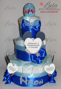 Torta di pannolini CARTOONS a 3 Piani - Torte di Pannolini di Lula Minnie Topolino Pampers personalizzabile fucsia celeste azzurra maschio femmina rosa verde idea regalo gravidanza nascita battesimo baby shower neonato bella utile originale shop online spedizioni italia ancona personalizzabile Topolino