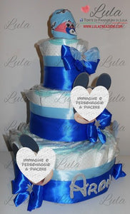 Torta di pannolini CARTOONS a 3 Piani - Torte di Pannolini di Lula Minnie Topolino Pampers personalizzabile fucsia celeste azzurra maschio femmina rosa verde idea regalo gravidanza nascita battesimo baby shower neonato bella utile originale shop online spedizioni italia ancona personalizzabile Topolino