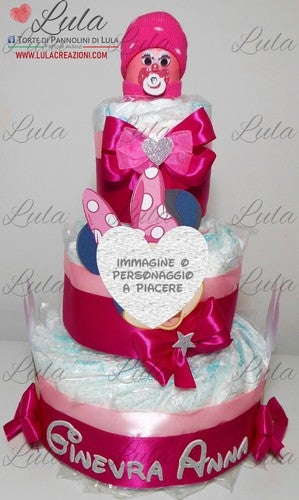 TORTA DI PANNOLINI PAMPERS - TORTA A 3 PIANI CON CANDELINA 1° ANNO  COMPLEANNO : : Prima infanzia