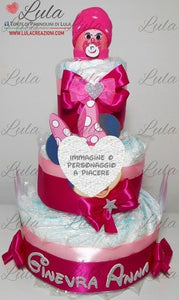 Torta di pannolini CARTOONS a 3 Piani - Torte di Pannolini di Lula Minnie Topolino Pampers personalizzabile fucsia celeste azzurra maschio femmina rosa verde idea regalo gravidanza nascita battesimo baby shower neonato bella utile originale shop online spedizioni italia ancona personalizzabile Minnie