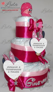 Torta di pannolini CARTOONS a 3 Piani - Torte di Pannolini di Lula Minnie Topolino Pampers personalizzabile fucsia celeste azzurra maschio femmina rosa verde idea regalo gravidanza nascita battesimo baby shower neonato bella utile originale shop online spedizioni italia ancona personalizzabile Minnie