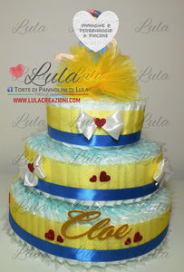 Torta di pannolini pon pon personaggio a piacere topolino minnie principessa unisex maschio femmina rosa azzurro celeste giallo fucsia rosso verde idea regalo bella utile originale pampers nascita neonato gravidanza baby shower battesimo shop online spedizioni italia ancona biancaneve