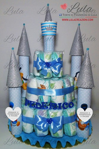 Torta di Pannolini CASTELLO Simple - Lula Creazioni - azzurro celeste blu maschio baby Topolino Paperino