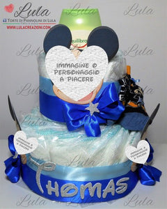 Torta di pannolini + Regalini TOPOLINO / MINNIE - Torte di Pannolini di Lula Minnie Topolino Pampers personalizzabile fucsia celeste azzurra maschio femmina rosa verde idea regalo gravidanza nascita battesimo baby shower neonato bella utile originale shop online spedizioni italia ancona personalizzabile calzini bavaglino personalizzato nome prodotti igiene biberon ciuccio copertina