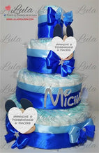 Carica l&#39;immagine nel visualizzatore di Gallery, Torta di pannolini CARTOONS a 4 Piani - Torte di Pannolini di Lula Minnie Topolino Pampers personalizzabile fucsia celeste azzurra maschio femmina rosa verde idea regalo gravidanza nascita battesimo baby shower neonato bella utile originale shop online spedizioni italia ancona personalizzabile
