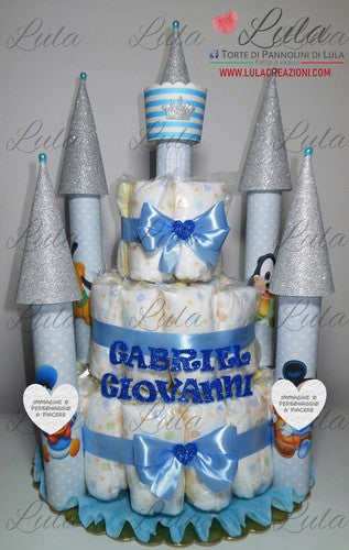 Torta di Pannolini CASTELLO Simple - Lula Creazioni - azzurro celeste blu maschio baby Topolino Paperino