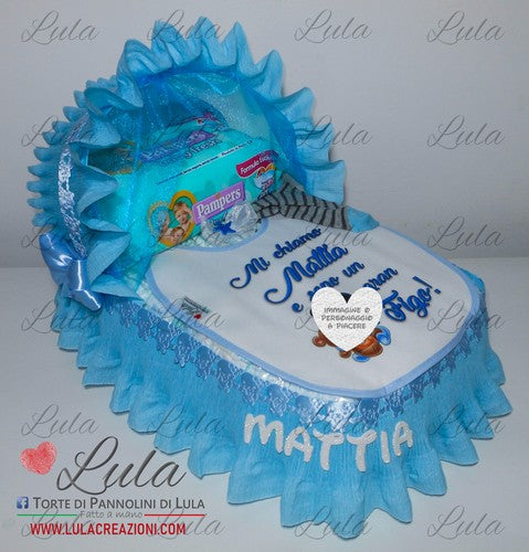 Torta di pannolini CULLA Grande + Bavaglino personalizzato/salviette/c