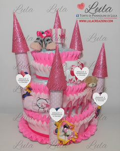 Torta di Pannolini CASTELLO Prestige - Lula Creazioni Pampers - rosa fucsia femmina bimba bambina principessa idea regalo gravidanza baby shower nascita battesimo utile bella originale shop online spedizioni italia ancona milano torino bologna