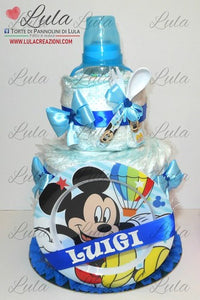 torta di pannolini Lula Creazioni pampers idea regalo utile originale bella gravidanza baby shower nascita battesimo topolino set pappa piatto azzurro maschio shop online spedizioni italia ancona