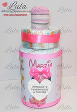 Carica l&#39;immagine nel visualizzatore di Gallery, Torta di pannolini biberon calzini minnie rosa femmina pampers idea regalo nascita battesimo baby shower 2021 utile originale shop online spedizioni italia ancona personalizzata calzini minnie
