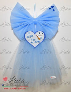 Fiocco nascita bimbo maschio azzurro celeste cuore tulle personalizzato economico personalizzato fatto a mano nome dedica nascita shop online spedizioni italia ancona milano torino roma