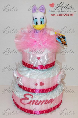 Torta di pannolini pon pon personaggio a piacere topolino minnie principessa unisex maschio femmina rosa azzurro celeste giallo fucsia rosso verde idea regalo bella utile originale pampers nascita neonato gravidanza baby shower battesimo shop online spedizioni italia ancona peluche paperina