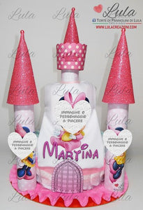 Torta di Pannolini CASTELLO Simple - Lula Creazioni - femmina rosa + bavaglino personalizzato Minnie