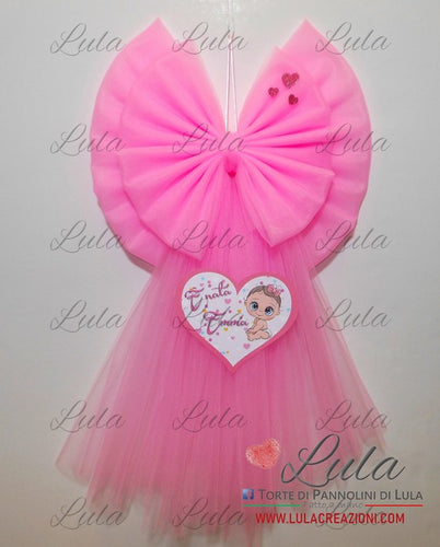 Fiocco nascita bambina femmina rosa fucsia fata fatina cuore tulle personalizzato economico personalizzato fatto a mano nome shop online spedizioni italia ancona milano roma torino principessa regina nome