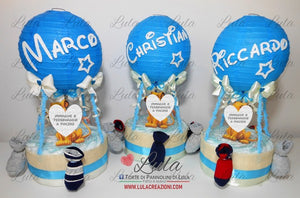 Torte di pannolini di Lula Creazioni - Mongolfiera personalizzabile Re leone Simba azzurra maschio gravidanza pampers utile bella originale bavaglino shop online spedizioni italia ancona idea regalo baby shower nascita battesimo neonato