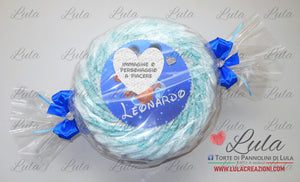 torta di pannolini pampers lula creazioni personalizzata nome bebè idea regalo utile originale particolare economica nascita battesimo baby shower shop online spedizioni italia ancona milano torino caramella celeste azzurro blu Topolino maschio bimbo