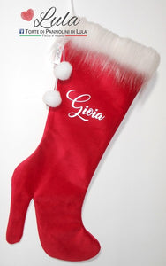 Calza befana Natale epifania Lula Creazioni stivale tacco pon pon velluto rosso nome personalizzato peluche idea regalo natalizia lei ragazza donna moda mamma nonna