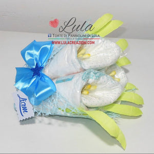 Torta di Pannolini di Lula Creazioni - bouquet fiori calle idea regalo nascita pampers battesimo baby shower bavaglino maschio azzurro bella utile originale shop online spedizioni italia ancona