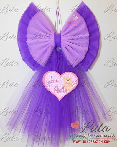 Fiocco nascita bambina femmina rosa fucsia fata fatina cuore tulle personalizzato economico personalizzato fatto a mano nome shop online spedizioni italia ancona milano roma torino principessa unicorno lilla nome