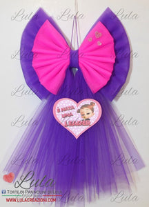 Doppio Fiocco nascita in Tulle Viola/Fucsia + Cuore con personaggio a