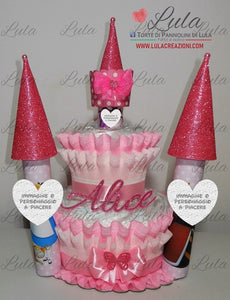 Torta di Pannolini CASTELLO Lula Creazioni - rosa femmina  idea regalo nascita battesimo gravidanza baby shower utile bella originale pampers shop online spedizioni italia ancona alice paese meraviglie