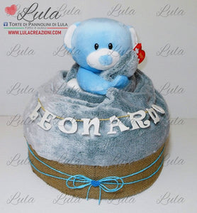 Torta di pannolini bella utile originale idea regalo nascita battesimo baby shower maschio coperta peluche cagnolino sconto pampers shop online italia ancona