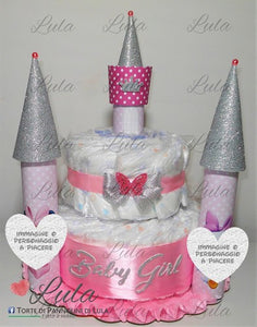 Torta di pannolini castello rosa farfalle Lula Creazioni bella elegante originale utile idea regalo femmina nascita battesimo baby shower shop online spedizioni Italia Ancona come si fa Pampers maschio azzurro