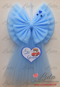 fiocco nascita tulle grande bello maschio celeste blu azzurro drado particolare personalizzato nome cuore lula creazioni shop online spedizioni italia ancona milano torino napoli