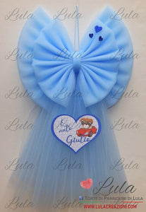 fiocco nascita tulle grande bello maschio celeste blu azzurro drado particolare personalizzato nome cuore lula creazioni shop online spedizioni italia ancona milano torino napoli