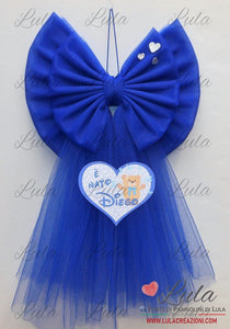 fiocco nascita tulle grande bello maschio celeste blu azzurro drado particolare personalizzato nome cuore lula creazioni shop online spedizioni italia ancona milano torino napoli