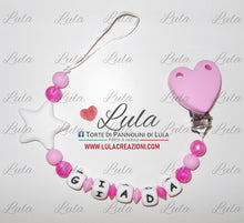 Carica l&#39;immagine nel visualizzatore di Gallery, catenella portaciuccio cuore stella rosa fucsia celeste azzurro maschio femmina personalizzata nome bimbo maschio azzurro celeste idea regalo utile particolare baby shower nascita battesimo spedizioni italia ancona milano napoli venezia shop online
