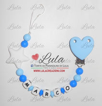 Carica l&#39;immagine nel visualizzatore di Gallery, catenella portaciuccio cuore stella rosa fucsia celeste azzurro maschio femmina personalizzata nome bimbo maschio azzurro celeste idea regalo utile particolare baby shower nascita battesimo spedizioni italia ancona milano napoli venezia shop online
