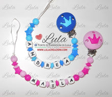 Carica l&#39;immagine nel visualizzatore di Gallery, catenella portaciuccio corona principe principessa stella rosa fucsia celeste azzurro maschio femmina personalizzata nome bimbo maschio azzurro celeste idea regalo utile particolare baby shower nascita battesimo spedizioni italia ancona milano napoli venezia shop online
