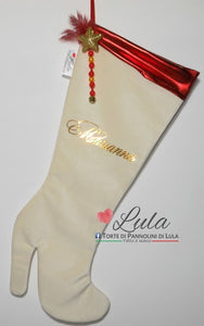 Calza befana Natale epifania Lula Creazioni stivale tacco perle velluto panna rosso oro nome personalizzato peluche idea regalo natalizia lei ragazza donna moda mamma nonna