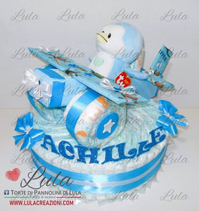 Torta di pannolini Lula Creazioni Pampers aereo peluche maschio azzurro celeste idea regalo bella utile originale nascita neonato battesimo baby shower gravidanza shop online spedizioni italia ancona