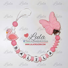 Carica l&#39;immagine nel visualizzatore di Gallery, catenella portaciuccio farfalla cigno unicorno rosa personalizzata nome bimba femmina rosa fucsia perla idea regalo utile particolare baby shower nascita battesimo spedizioni italia ancona milano napoli venezia shop online
