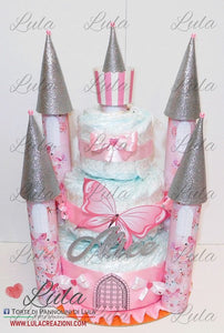 Torta di Pannolini CASTELLO grande Lula Creazioni farfalle rosa femmina idea regalo nascita battesimo gravidanza baby shower utile bella originale pampers shop online spedizioni italia ancona